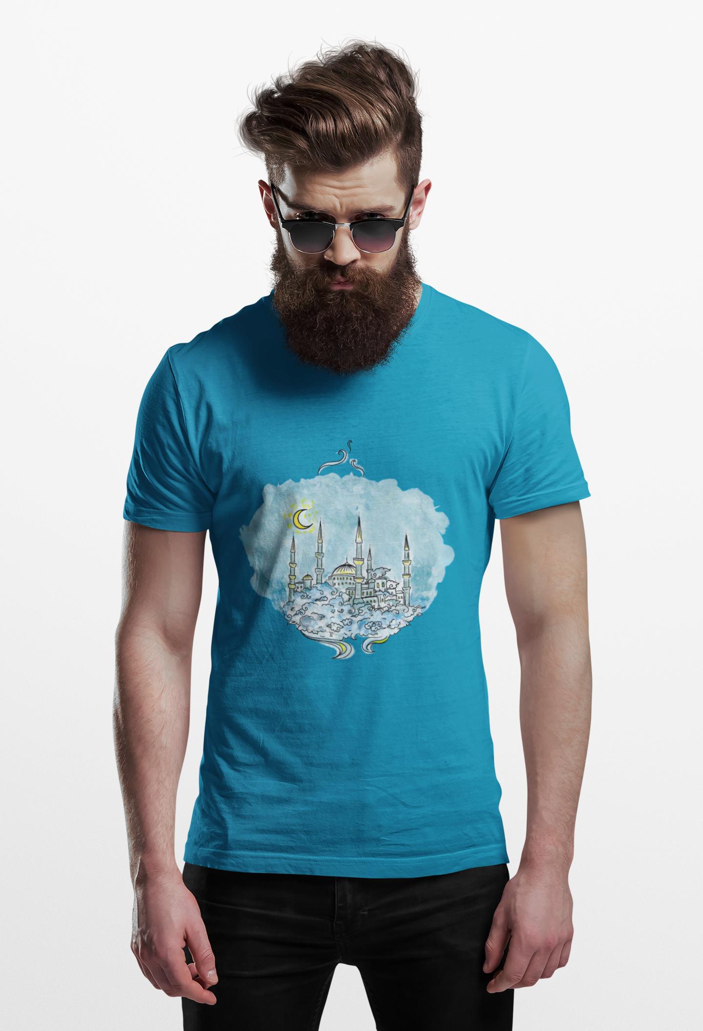 Dreamy Blue Mosque Adult T-Shirt – Watercolor Skyline