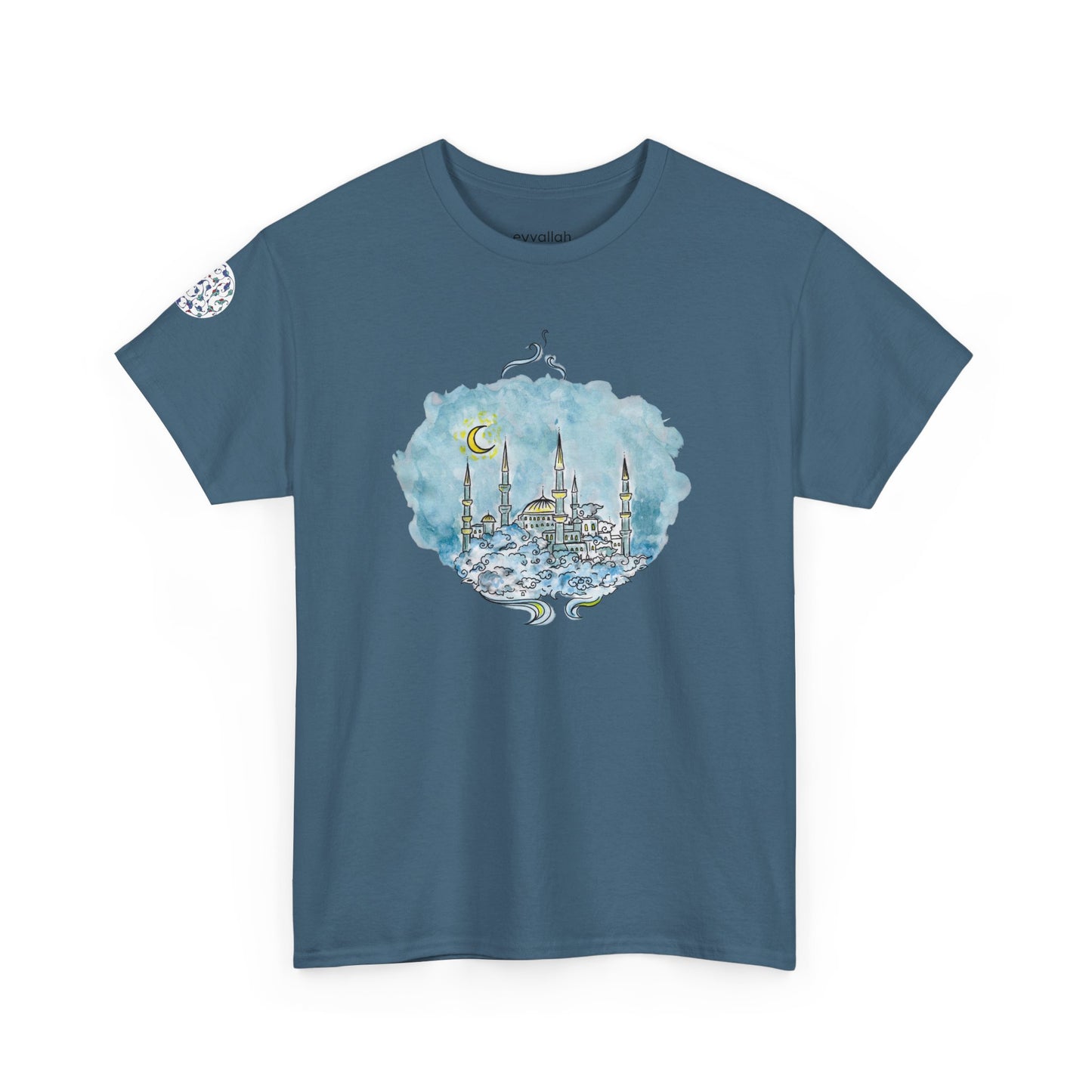 Dreamy Blue Mosque Adult T-Shirt – Watercolor Skyline