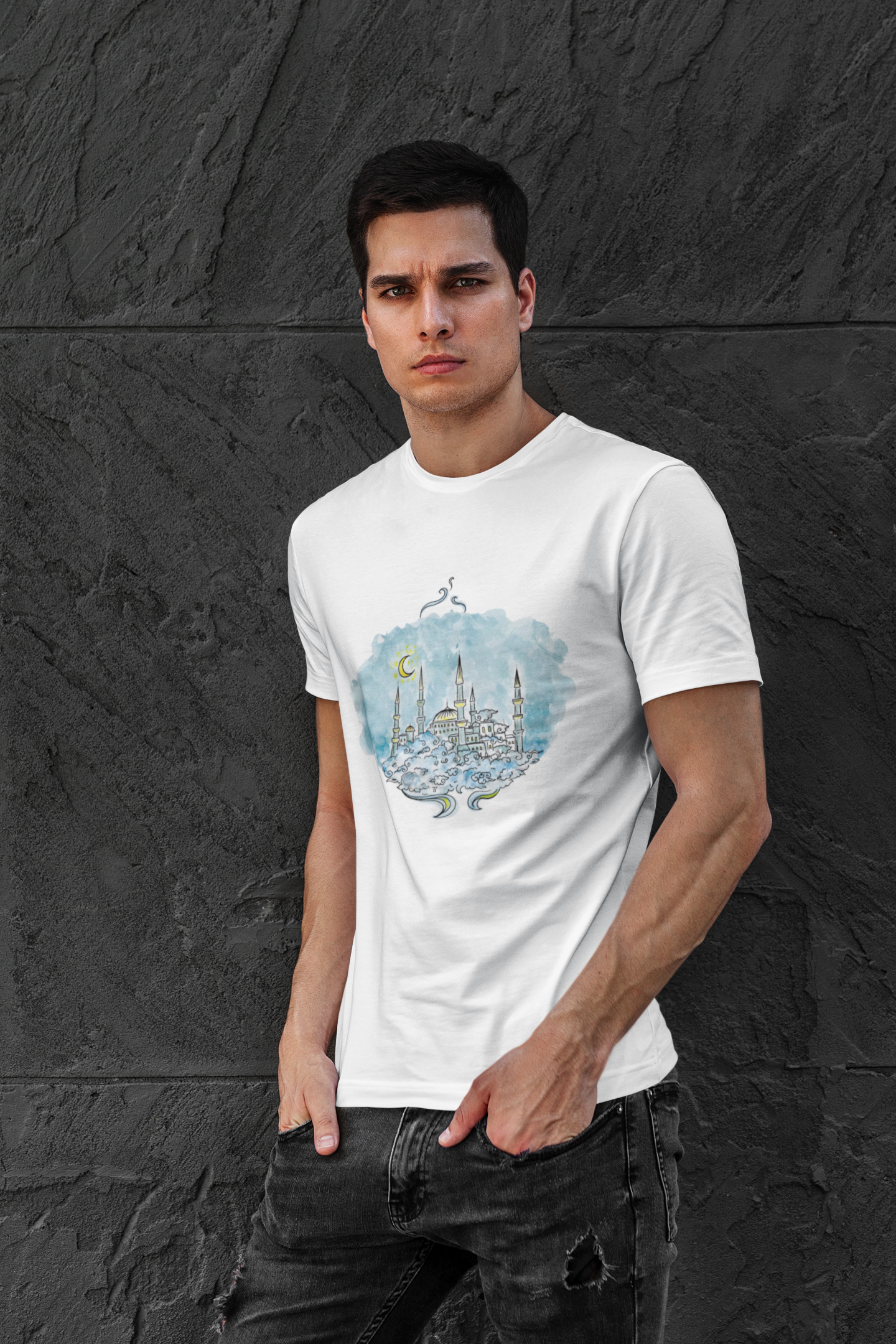 Dreamy Blue Mosque Adult T-Shirt – Watercolor Skyline