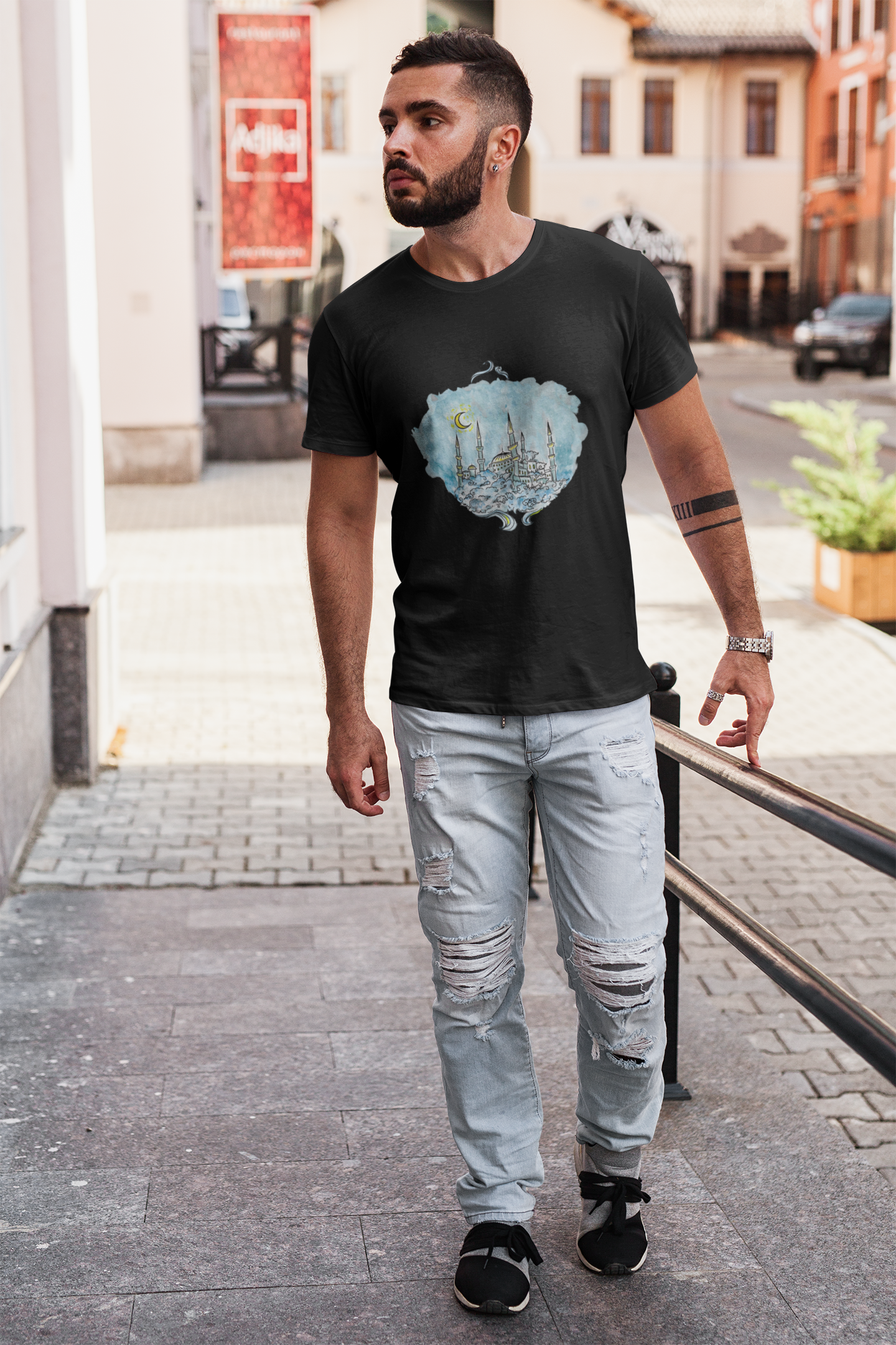 Dreamy Blue Mosque Adult T-Shirt – Watercolor Skyline