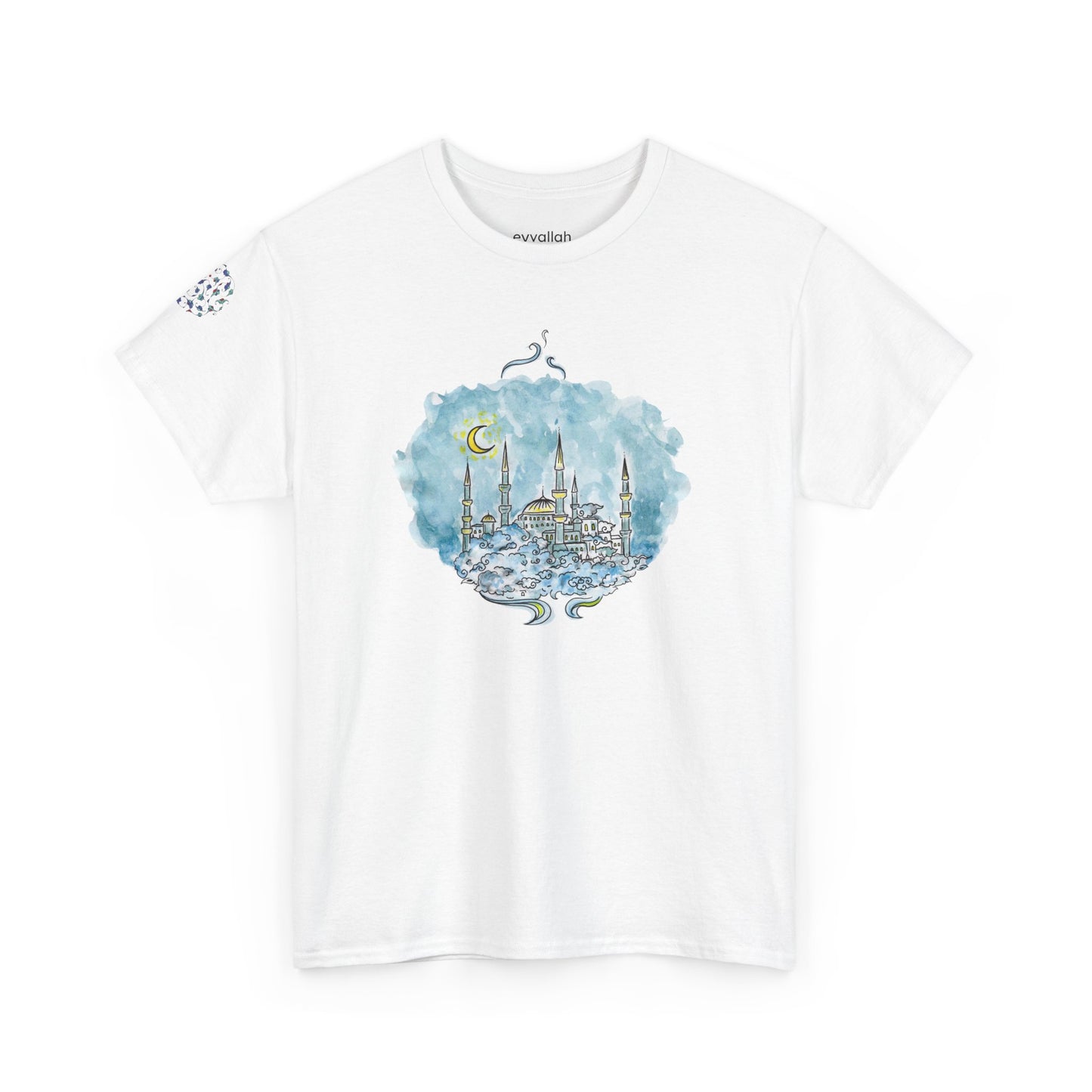 Dreamy Blue Mosque Adult T-Shirt – Watercolor Skyline