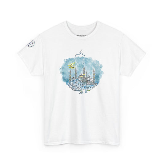 Dreamy Blue Mosque Adult T-Shirt – Watercolor Skyline