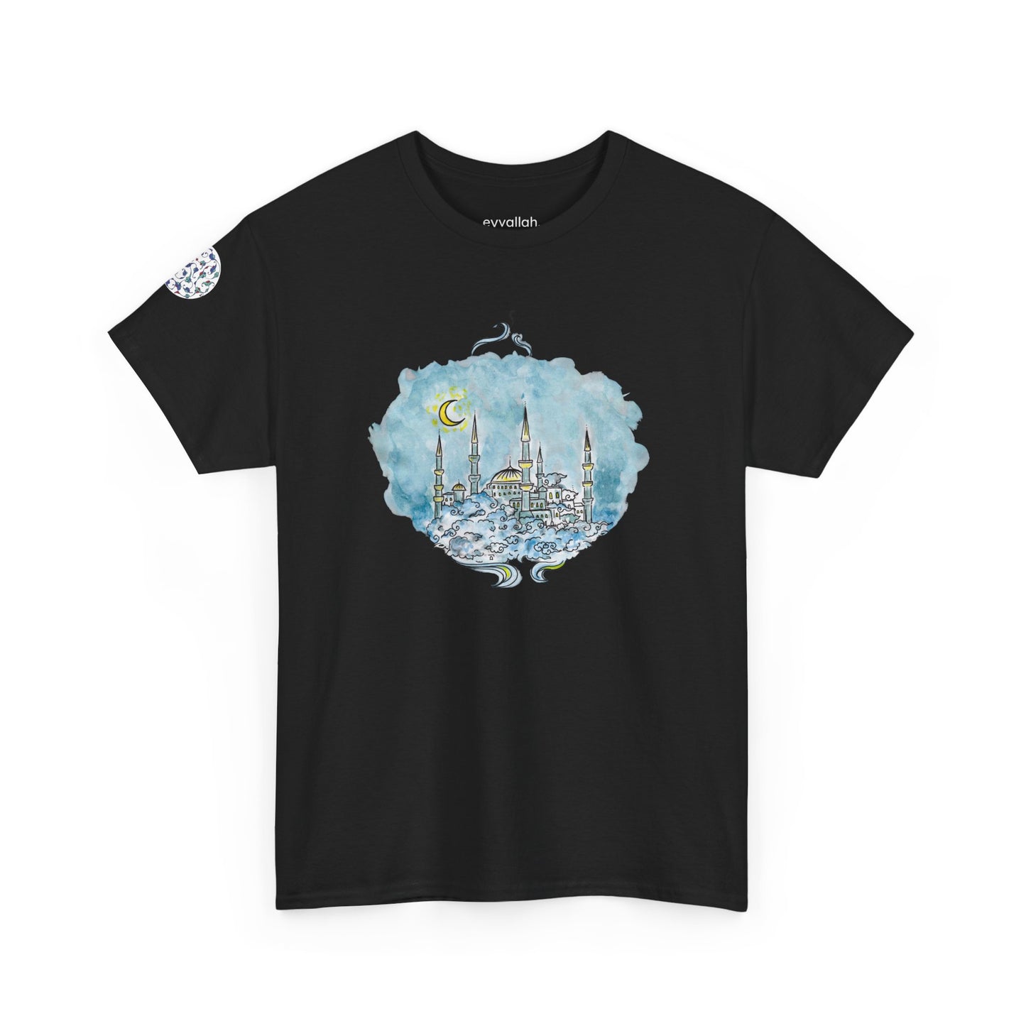 Dreamy Blue Mosque Adult T-Shirt – Watercolor Skyline