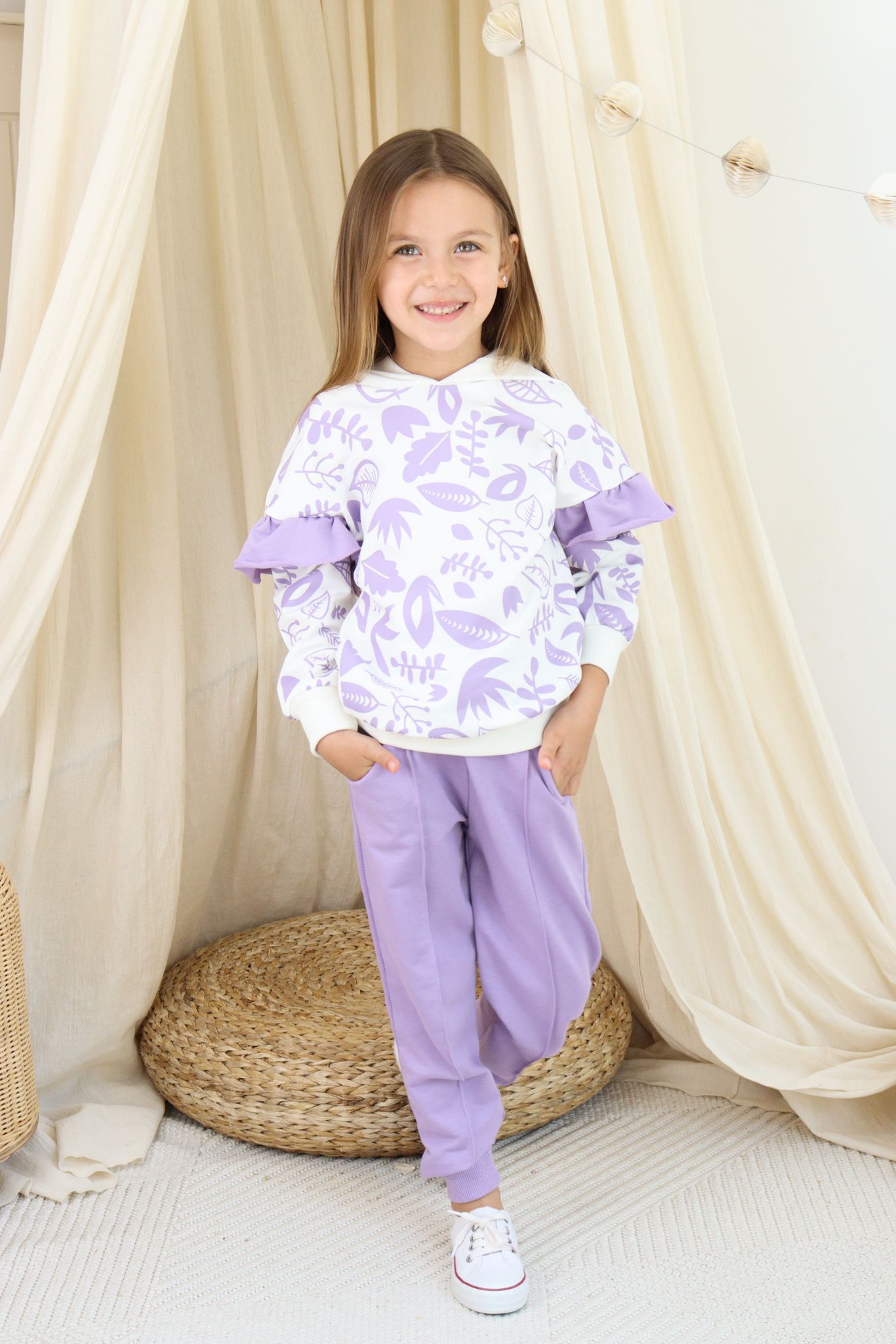 Girls' Stylish Hoodie and Jogger Set with Ruffled Elbows