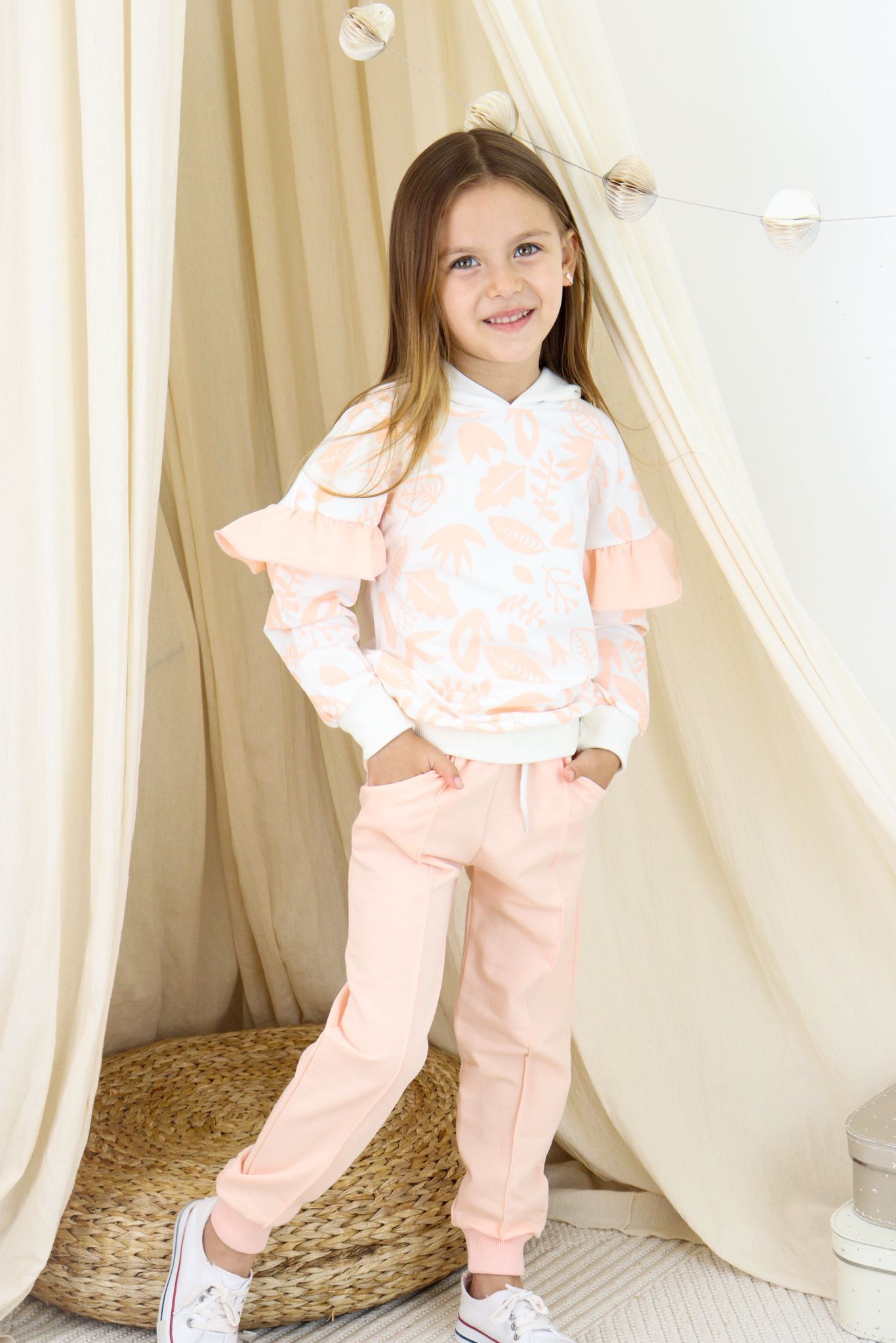Girls' Stylish Hoodie and Jogger Set with Ruffled Elbows