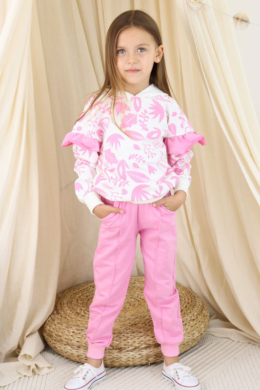 Girls' Stylish Hoodie and Jogger Set with Ruffled Elbows